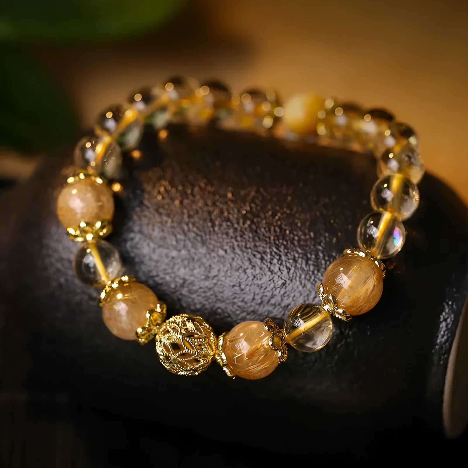 Women's citrine lucky bracelet with artificial crystal beads in electroplated gold colours