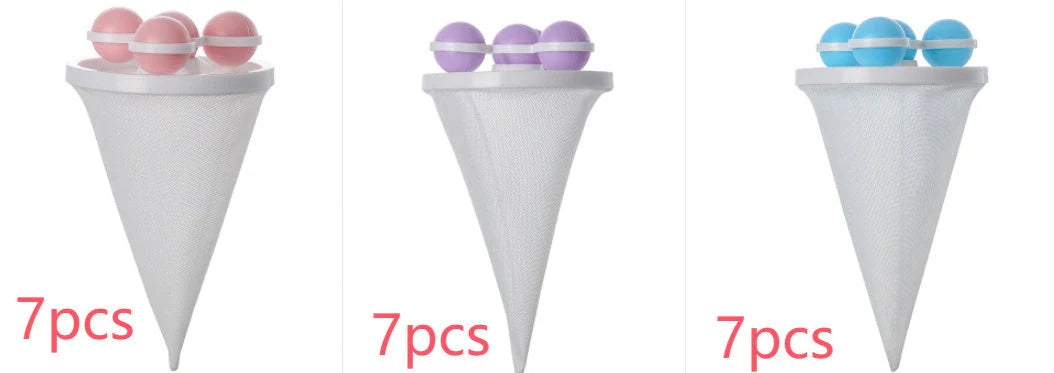Ultra-fine mesh washing machine lint catcher in purple, blue, and pink