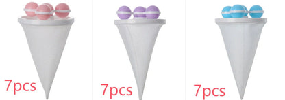 Ultra-fine mesh washing machine lint catcher in purple, blue, and pink