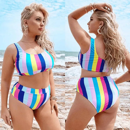 Women's plus size split bikini in multicolour, blue, and black options for swimming and wading