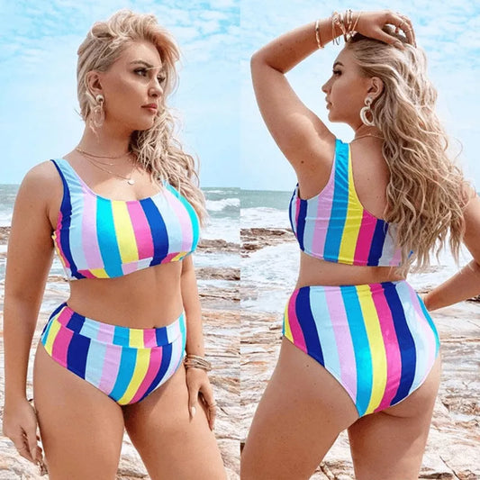 Women's plus size split bikini in multicolour, blue, and black options for swimming and wading