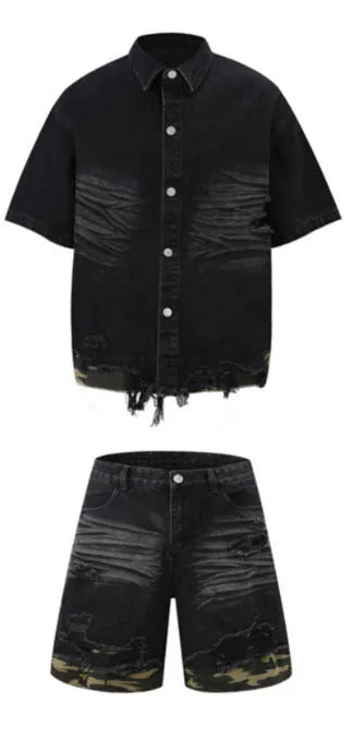 Men's black denim short sleeve suit with leopard print and cut edge stitching, paired with matching shorts.