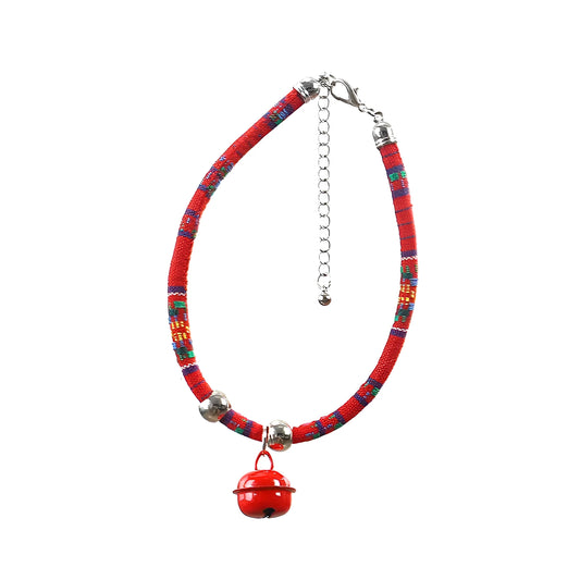 Adjustable coloured ethnic-style pet collar with a small bell, shown in multiple colour options.