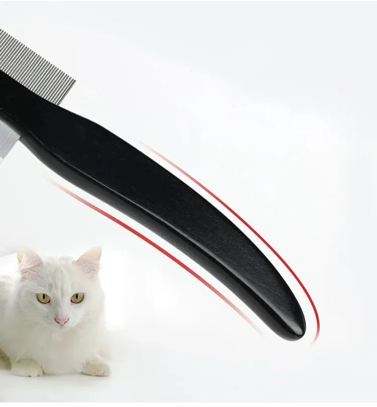 Black double-sided pet hair comb with wood handle and stainless steel teeth for cat and dog grooming