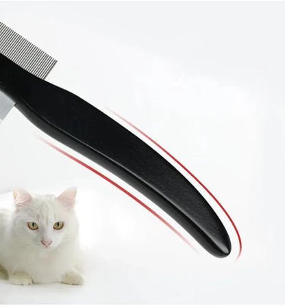 Black double-sided pet hair comb with wood handle and stainless steel teeth for cat and dog grooming