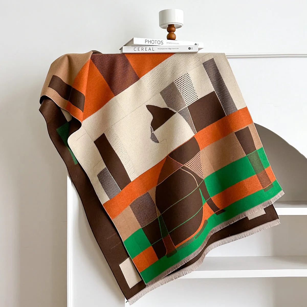 Imitation cashmere scarf in European American style showing 185x65cm dimensions and available colour options