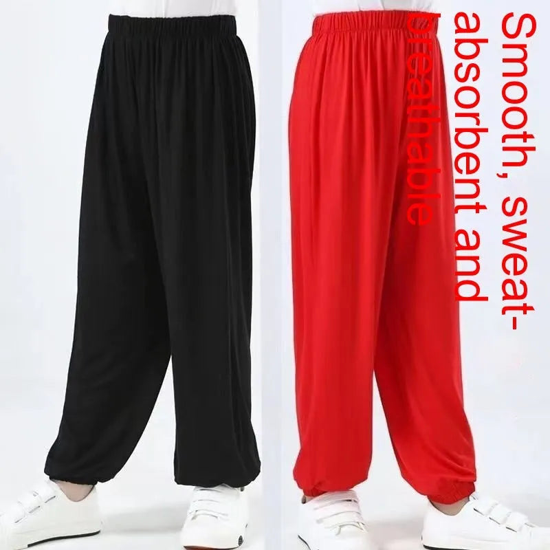 Children's high elasticity martial arts practice pants for Sanda in black, red, or white colours.