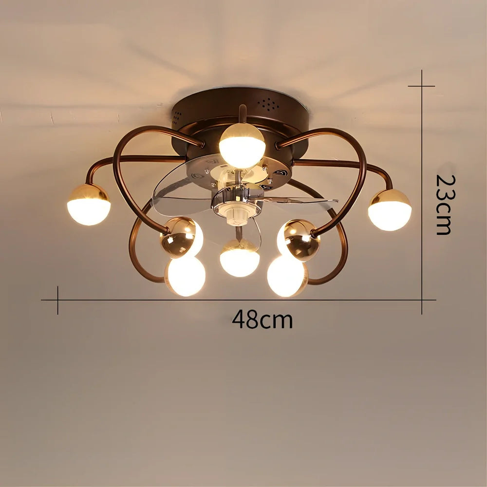 Ceiling fan light with metal blades and iron-plastic lampshade in coffee gold finish