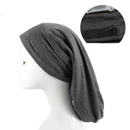 Adjustable satin-lined nightcap in various colors for women's hair care and relaxation