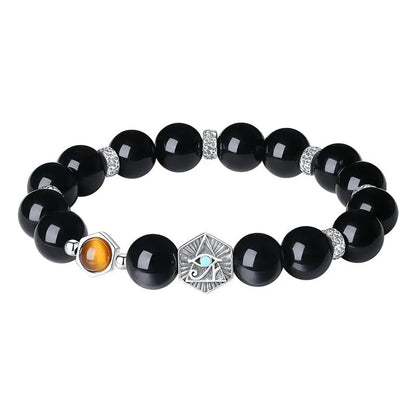 S925 sterling silver men's bracelet with obsidian God's Eye geometric pattern in retro style