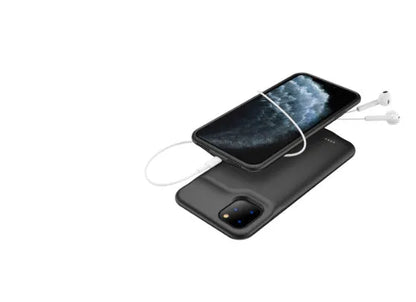 Shockproof silicone iPhone battery charger case in black, blue, pink, or white with high-capacity battery