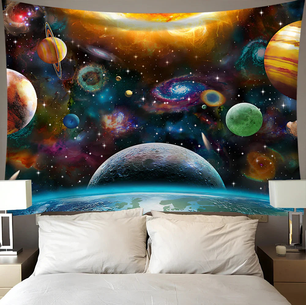 Digital printing colourful starry art wall tapestry with detailed star patterns on polyester fibre material