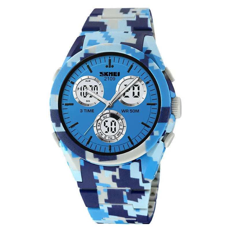 Electronic casual watch with 50m waterproof, resin mirror, ABS case, TPU strap in camouflage colour