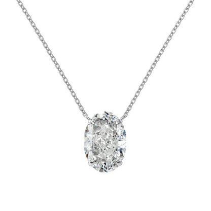 Close-up of a geometric oval ice flower pendant necklace in sterling silver with a choice of platinum or gold tone finish.