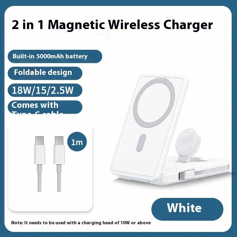 Ultra-thin black magnetic wireless power bank 5000mAh with built-in bracket and data cable, 113x70x18mm