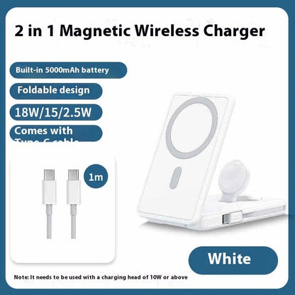 Ultra-thin black magnetic wireless power bank 5000mAh with built-in bracket and data cable, 113x70x18mm
