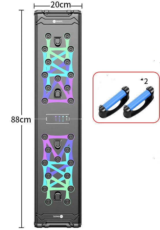 Black multifunctional push-up board 87cm x 43cm x 20cm with ABS plastic body and TPE soft rubber grips for chest training