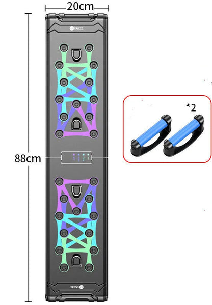 Black multifunctional push-up board 87cm x 43cm x 20cm with ABS plastic body and TPE soft rubber grips for chest training