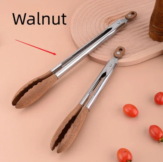 Stainless steel barbecue food tong with wood handle showing clamp mechanism and length measurement