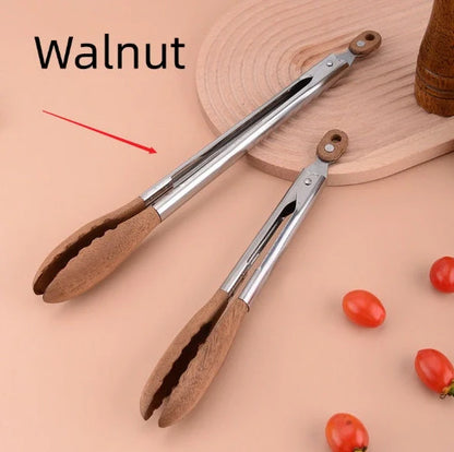 Stainless steel barbecue food tong with wood handle showing clamp mechanism and length measurement