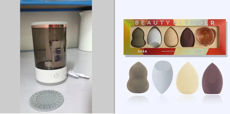Grey and white portable electric makeup brush cleaner with USB charging cable.