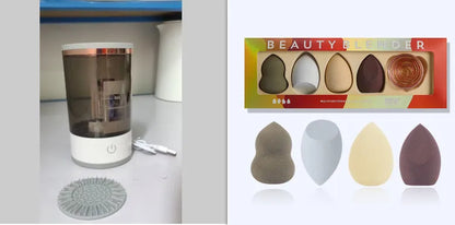 Grey and white portable electric makeup brush cleaner with USB charging cable.
