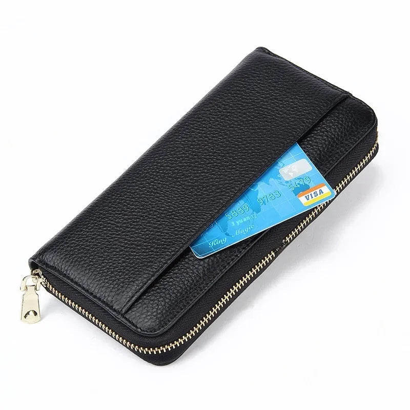 Long genuine leather women's wallet in solid colours with 12 card slots and anti-theft design