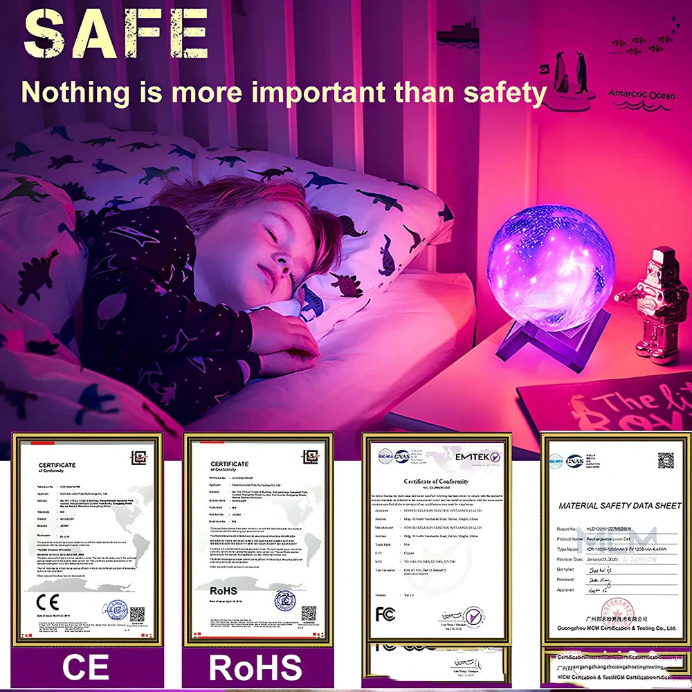 3D printed moon lamp showing lunar crater details with remote control for 16 colour options