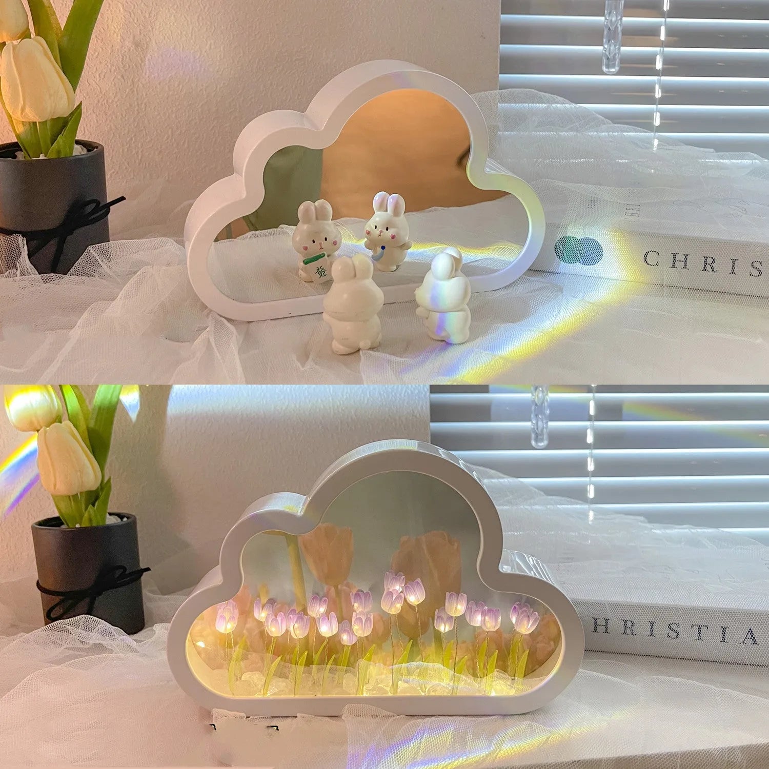 DIY tulip-shaped night lamp kit with LED lights and mirror surface in assorted colours on a desk.