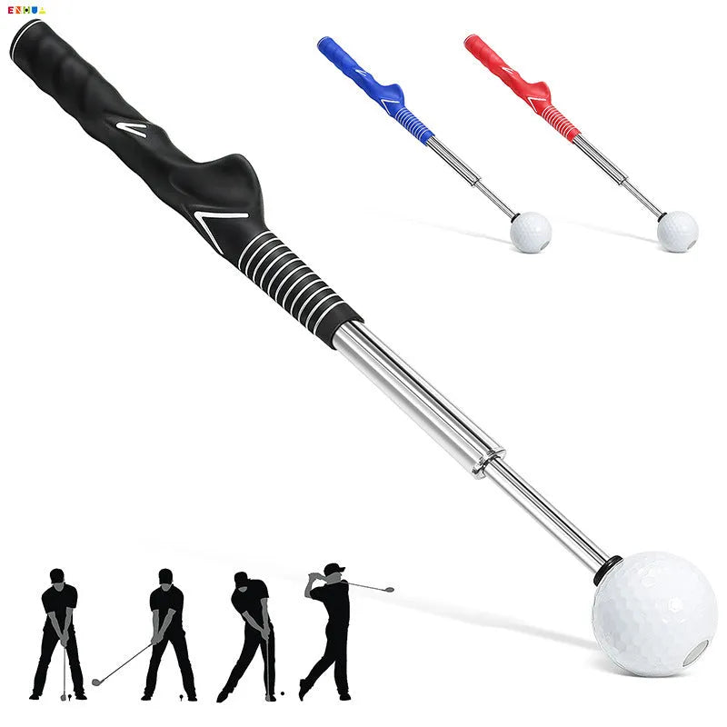 Golf telescopic swing simulator with adjustable stainless steel shaft and weighted head in black, blue, or red colours