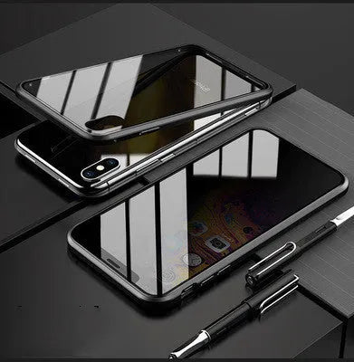 Anti-peep double-sided magneto flip case for iPhone with metal frame and tempered glass.