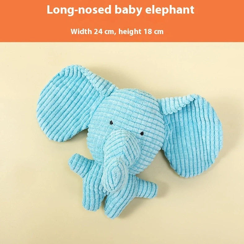 Bite-resistant puppy plush toy with relieving molar design in multiple animal styles including donkey and duck variations