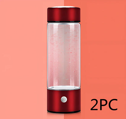 Portable hydrogen water cup in silver with borosilicate glass, showing electrolysis bubbles and romatic light, 3-minute generation
