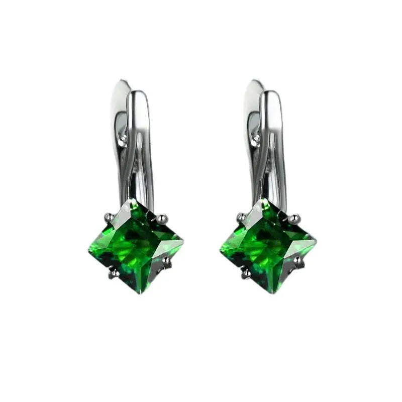 Diamond design earrings with inlaid zircon stones in copper, showing light luxury style for women in blue, green, and colour options.