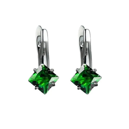 Diamond design earrings with inlaid zircon stones in copper, showing light luxury style for women in blue, green, and colour options.