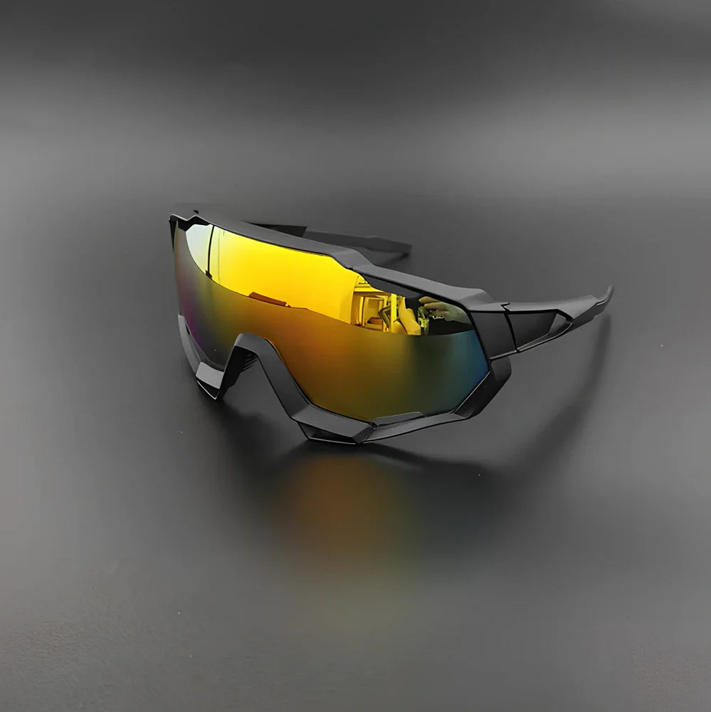 Cycling glasses with interchangeable lenses showing UV400 protection and lightweight frame design