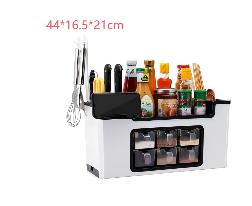 White wall-mounted plastic storage jar with pull-out transparent drawers for seasonings and kitchen utensils, dimensions 43.5cm x 16.7cm x 15.7cm