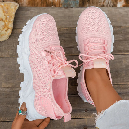 Women's Flyknit mesh casual sports shoes in multiple colours showing flat heel and lace-up design