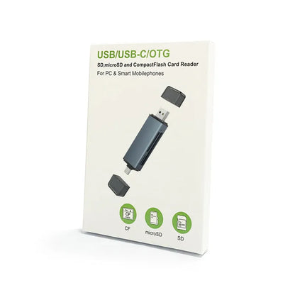 CF SD TF three-in-one USB card reader with aluminum alloy housing showing compact size