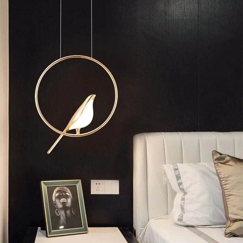 Modern minimalist magpie bird chandelier with zinc alloy and acrylic construction, 35cm length, 150cm height