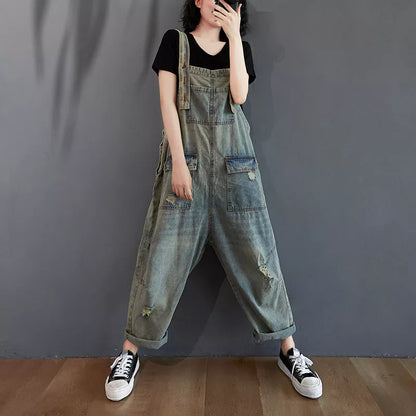 Women's light blue cotton retro ripped denim overalls with adjustable straps