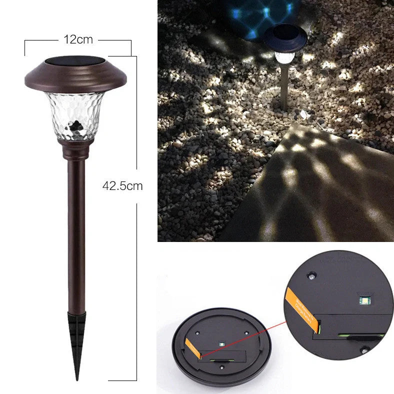 Solar outdoor lawn light in garden setting showing 12×12×42.5cm dimensions and solar panel