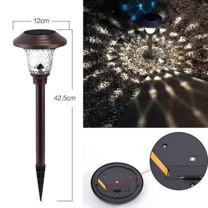 Solar outdoor lawn light in garden setting showing 12×12×42.5cm dimensions and solar panel