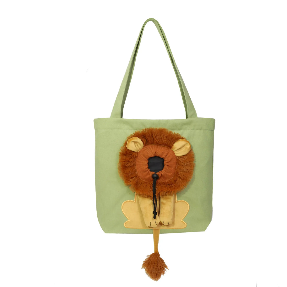 Soft canvas pet carrier bag with lion design, adjustable head opening, and safety zippers for small dogs and cats.