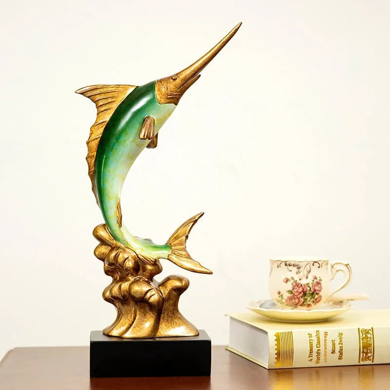 European-style swordfish resin ornament in Brilliant Gold, Coral Red, Lake Blue, or Sea Green colour options
