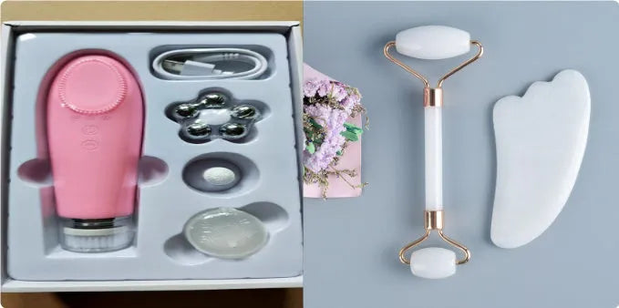 White jade facial roller with double heads and matching scraping board on dark surface