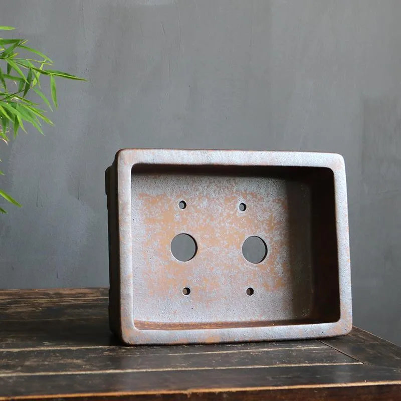 Purple sand rectangular bonsai pot with five-line design and firewood burning texture, shown with pine bonsai