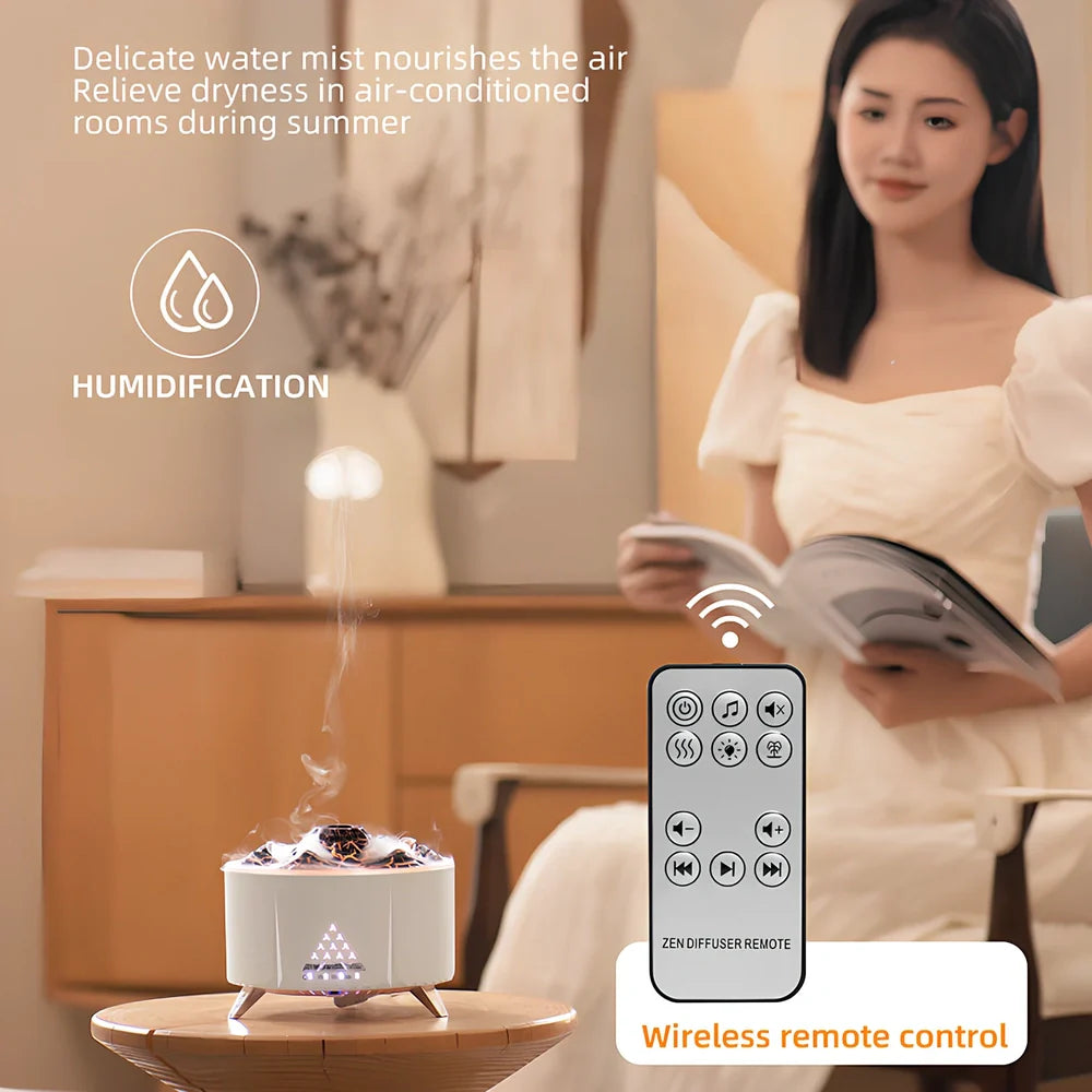 White flame aroma diffuser with Bluetooth speaker, 350ml tank, and adjustable mist output