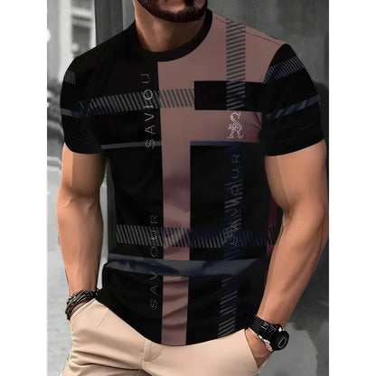 Men's striped casual T-shirt with digital 3D printing in loose fit short sleeve design