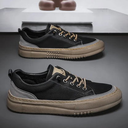 Men's black round toe leather board shoes with lace-up front and rubber sole